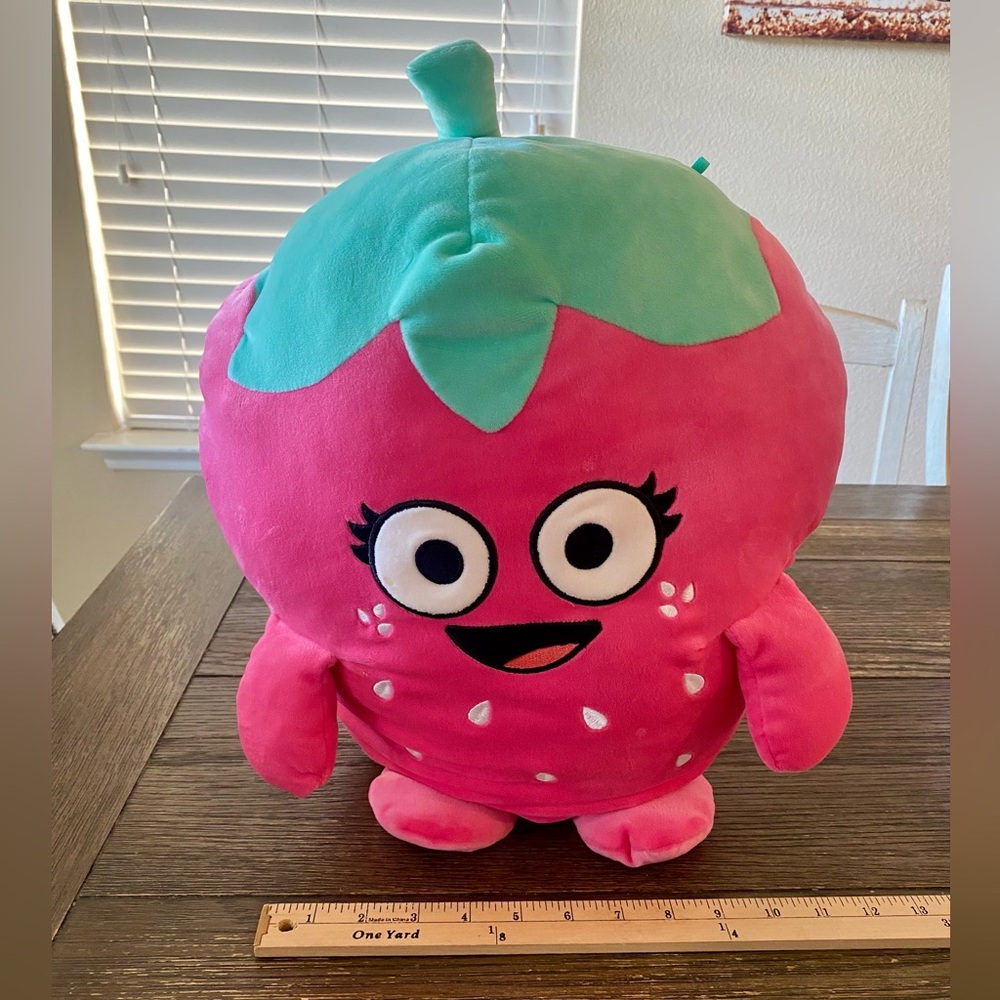 Large Plush Strawberry Stuffy 17”- 18” Pink Green Stuffed LIKE NEW Fruit Toy